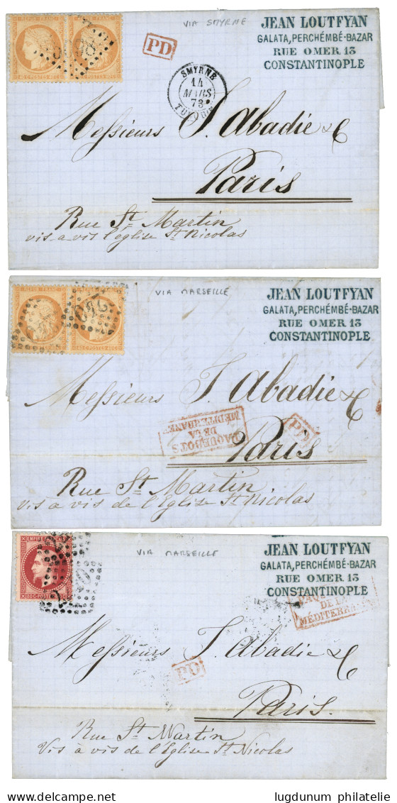 1873 Lot 3 Lettres De CONSTANTINOPLE Via SMYRNE Ou MARSEILLE Pour PARIS. Superbe. - 1849-1876: Periodo Classico