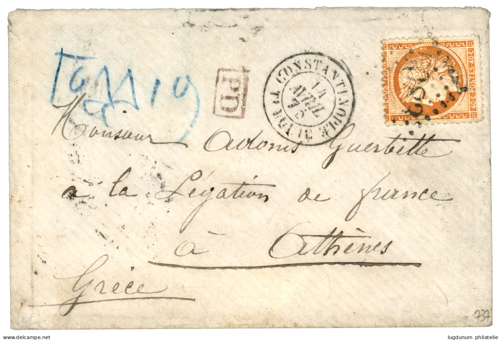 CONSTANTINOPLE : 1875 40c (n°38) Obl. GC 5083 + CONSTANTINOPLE Sur Lettre Pour ATHENES (GRECE). TTB. - 1849-1876: Période Classique