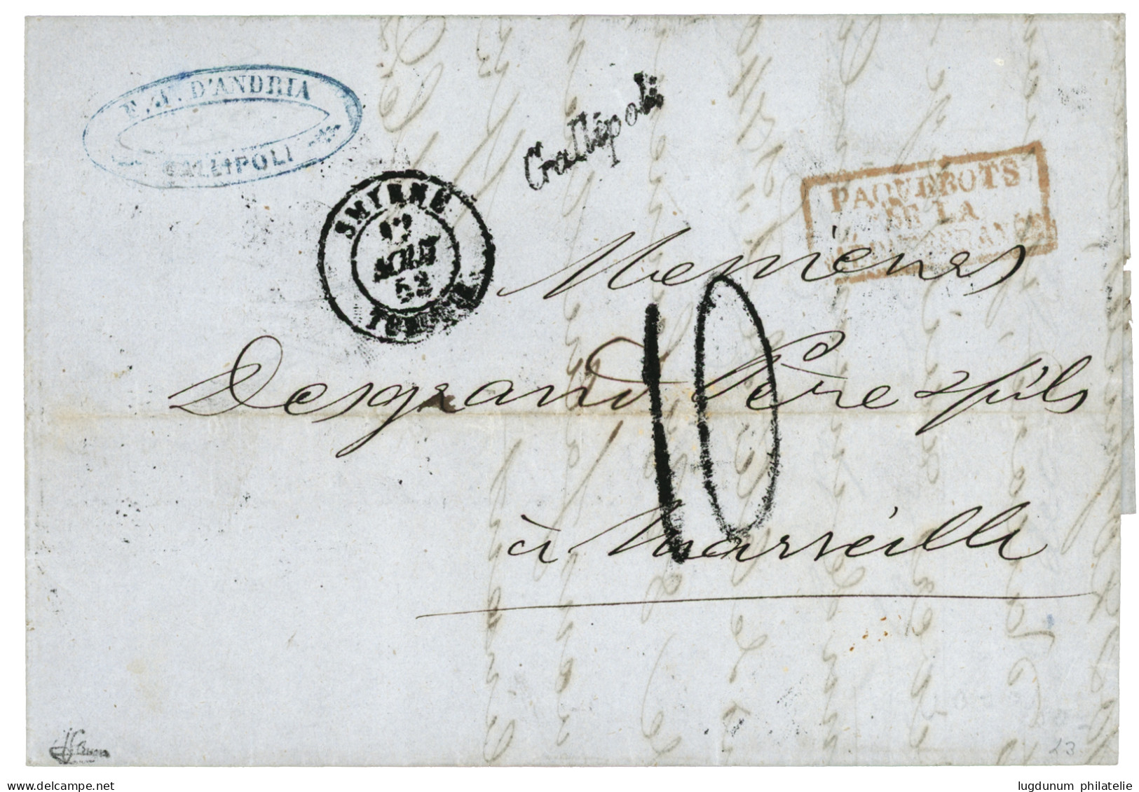 GALLIPOLI : 1853 Rare Cursive GALLIPOLI + SMYRNE TURQUIE Sur Lettre Avec Texte Daté "ANDRINOPLE" Pour MARSEILLE. Signé B - 1849-1876: Periodo Clásico