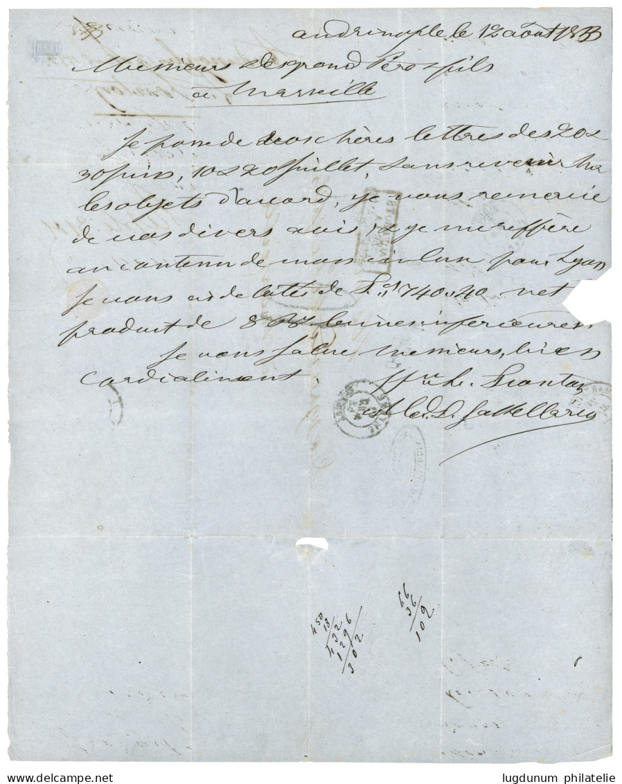 GALLIPOLI : 1853 Rare Cursive GALLIPOLI + SMYRNE TURQUIE Sur Lettre Avec Texte Daté "ANDRINOPLE" Pour MARSEILLE. Signé B - 1849-1876: Klassik