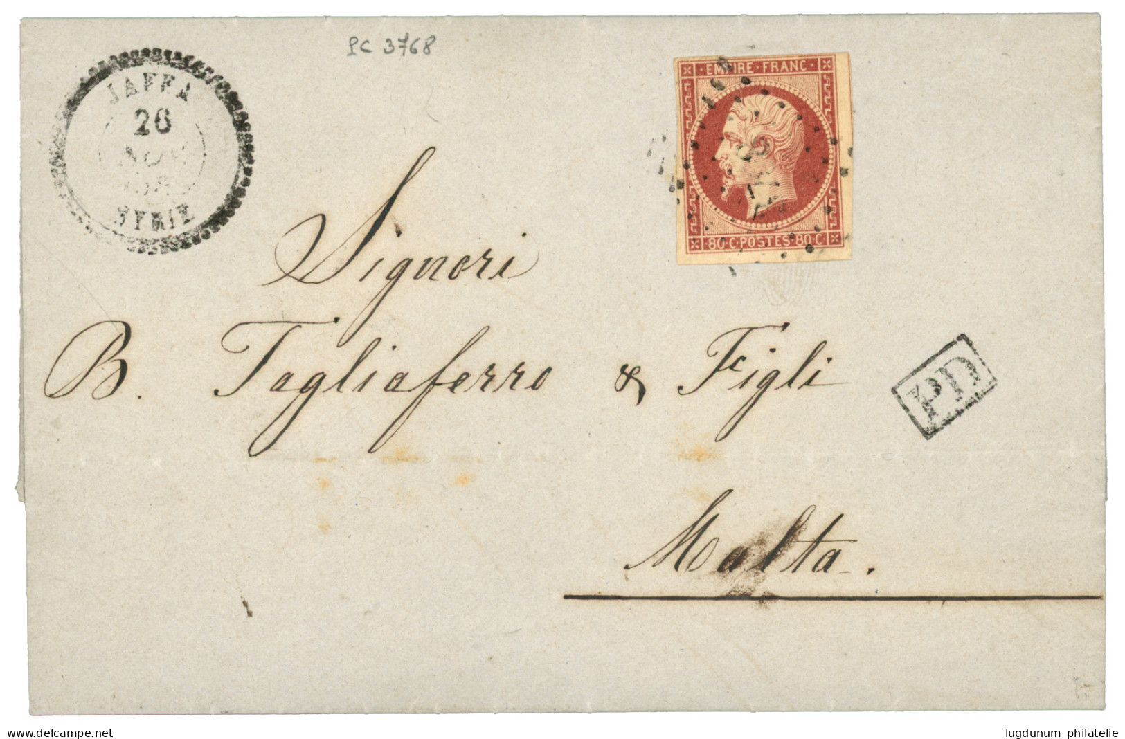 JAFFA: 1858 80c (n°17) Obl. PC 3768 + JAFFA SYRIE Sur Lettre Avec Texte Pour MALTA. Trés Rare. Cote MAURY = 6250€. TB. - 1849-1876: Klassieke Periode