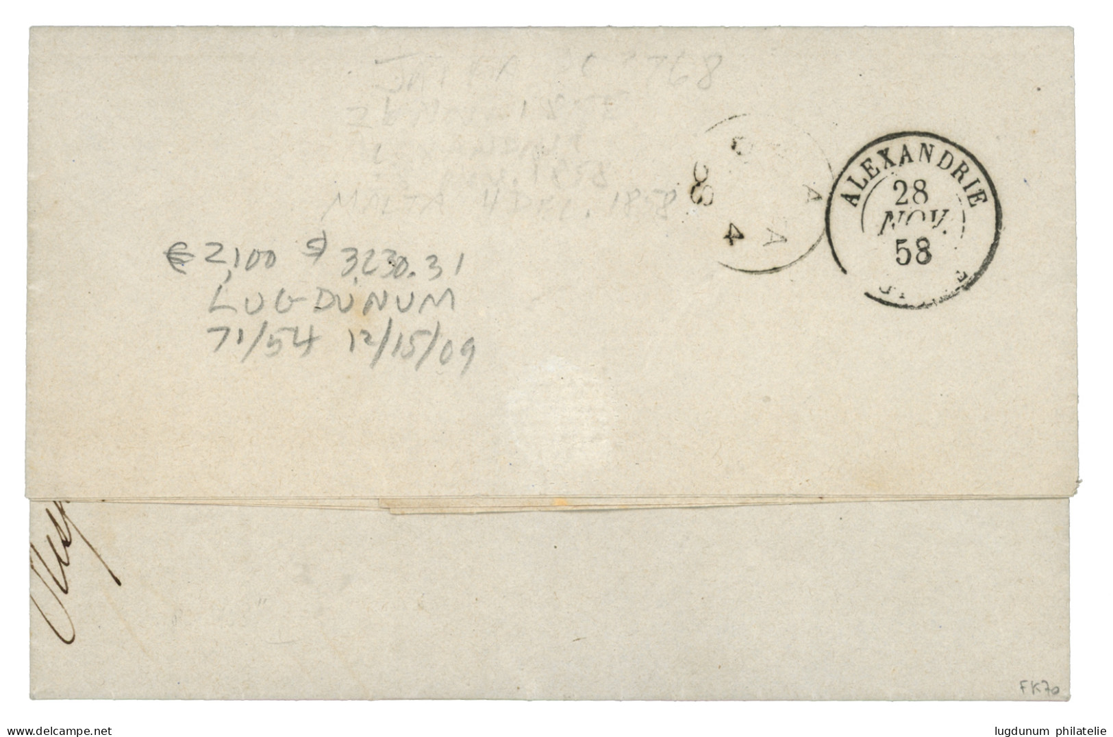 JAFFA: 1858 80c (n°17) Obl. PC 3768 + JAFFA SYRIE Sur Lettre Avec Texte Pour MALTA. Trés Rare. Cote MAURY = 6250€. TB. - 1849-1876: Periodo Classico