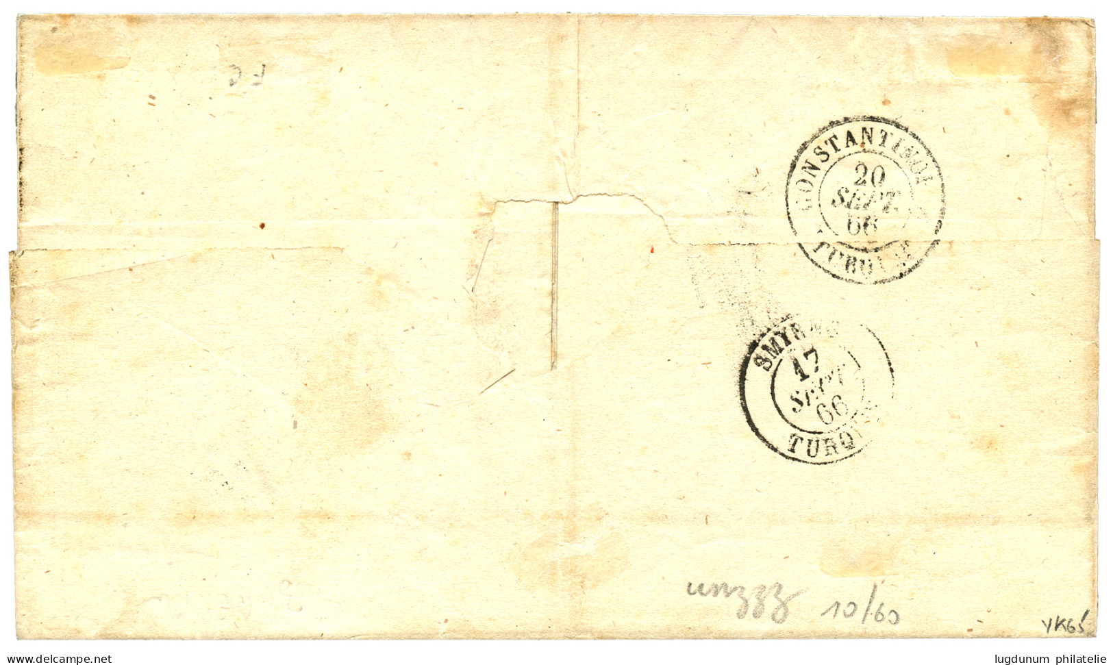 RHODES : 1866 10c(n°21)x4 Obl. GC 5094 + RHODES TURQUIE Sur Lettre Pour CONSTANTINOPLE. Léger Pli Sur 1 Timbre. Combinai - 1849-1876: Classic Period