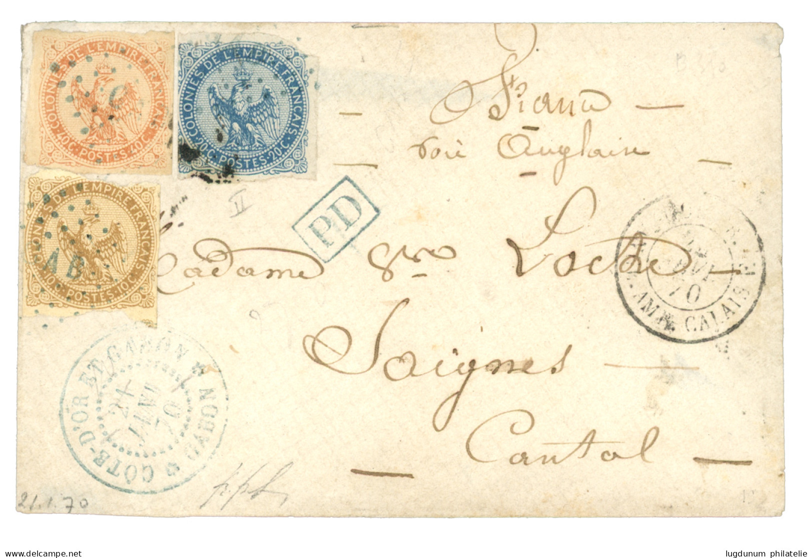 1870 AIGLE 10c + 20c (pd) + 40c Obl. Losange GAB En Bleu + COTE D'OR ET GABON GABON Bleu Sur Enveloppe Pour La FRANCE. T - Andere & Zonder Classificatie