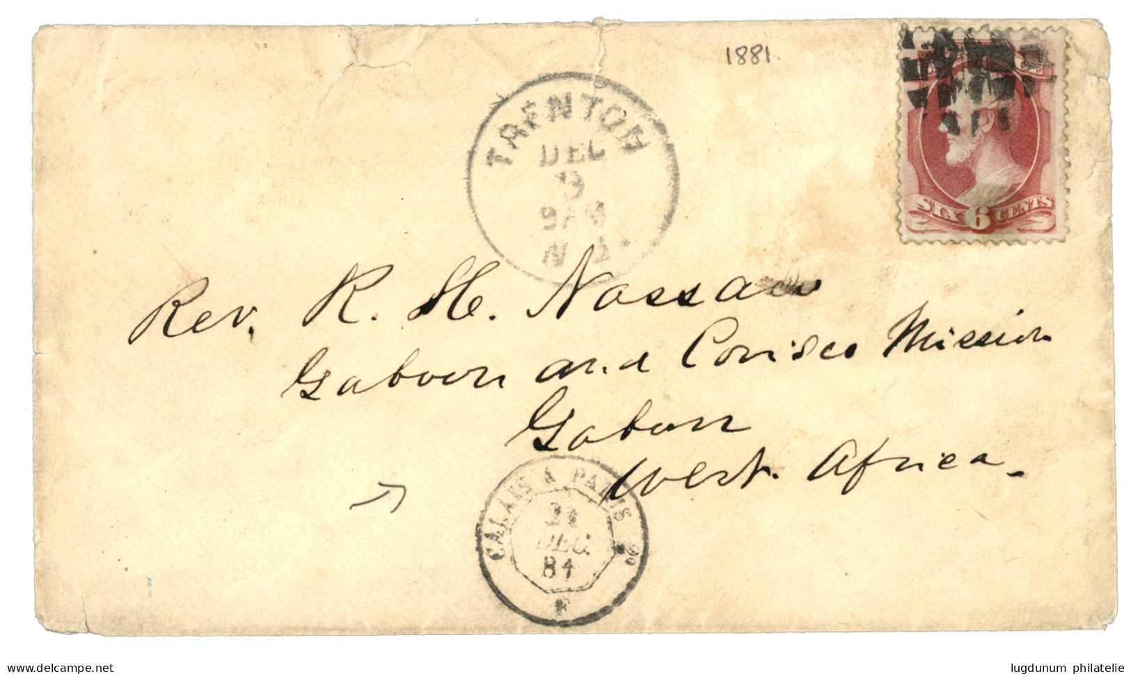 "GABOON And CORISCO MISSION" : 1881 USA Sur Enveloppe De TRENTON Pour "Reverend NASSAW, GABOON And CORISCO MISSION", GAB - Sonstige & Ohne Zuordnung