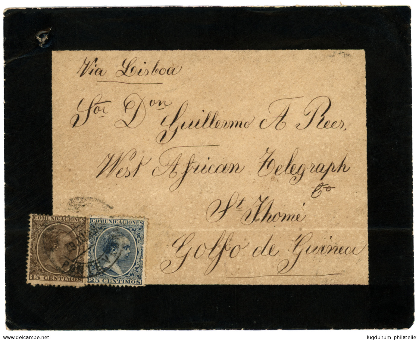 "Destination ST THOME GOLD DE GUINEE Via LE GABON" : 1893 ESPAGNE 15c + 25c Canc. PONTEVEDRA Sur Enveloppe Via LISBOA Po - Altri & Non Classificati