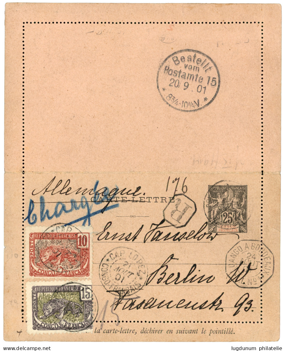 1901 Entier 25c Daté "LIBREVILLE GABOON RIVER" + 10c + 15c Obl. CAP LOPEZ En RECOMMANDE + CHARGE Pour L' ALLEMAGNE. Ache - Other & Unclassified