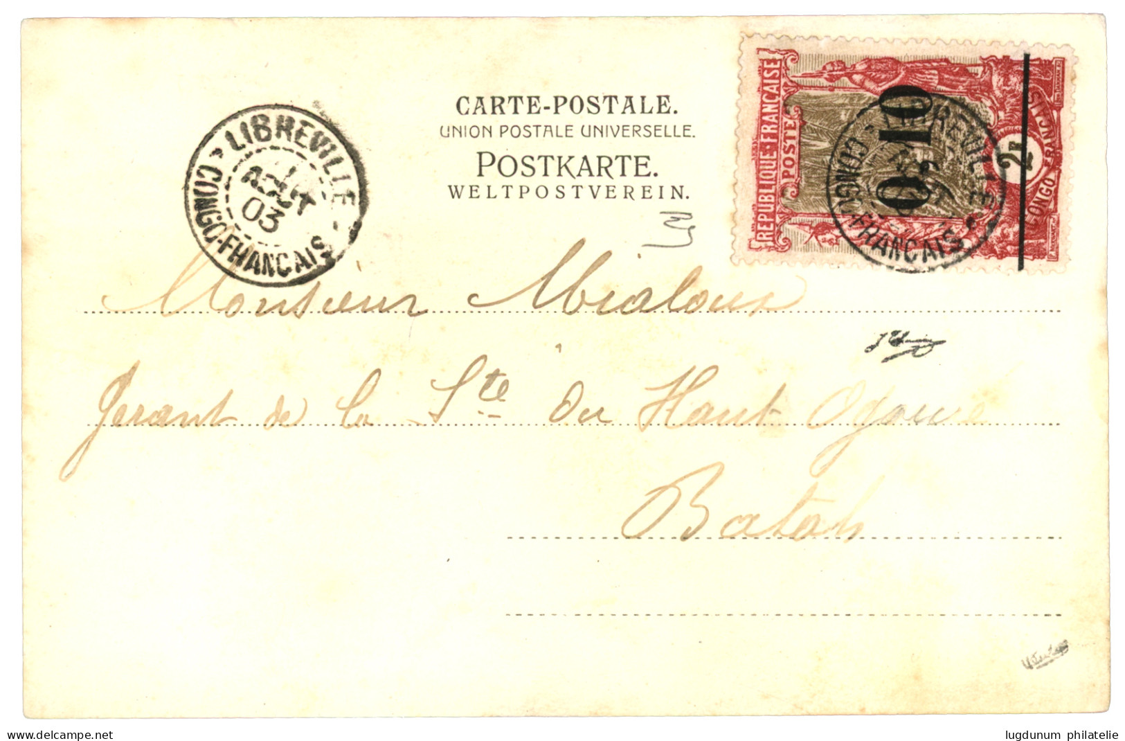 1903 Provisoire 0,10 S/ 2F (n°47) Obl. LIBREVILLE Sur Carte Pour BATA. Signé CALVES. Timbre Rare. TB. - Andere & Zonder Classificatie