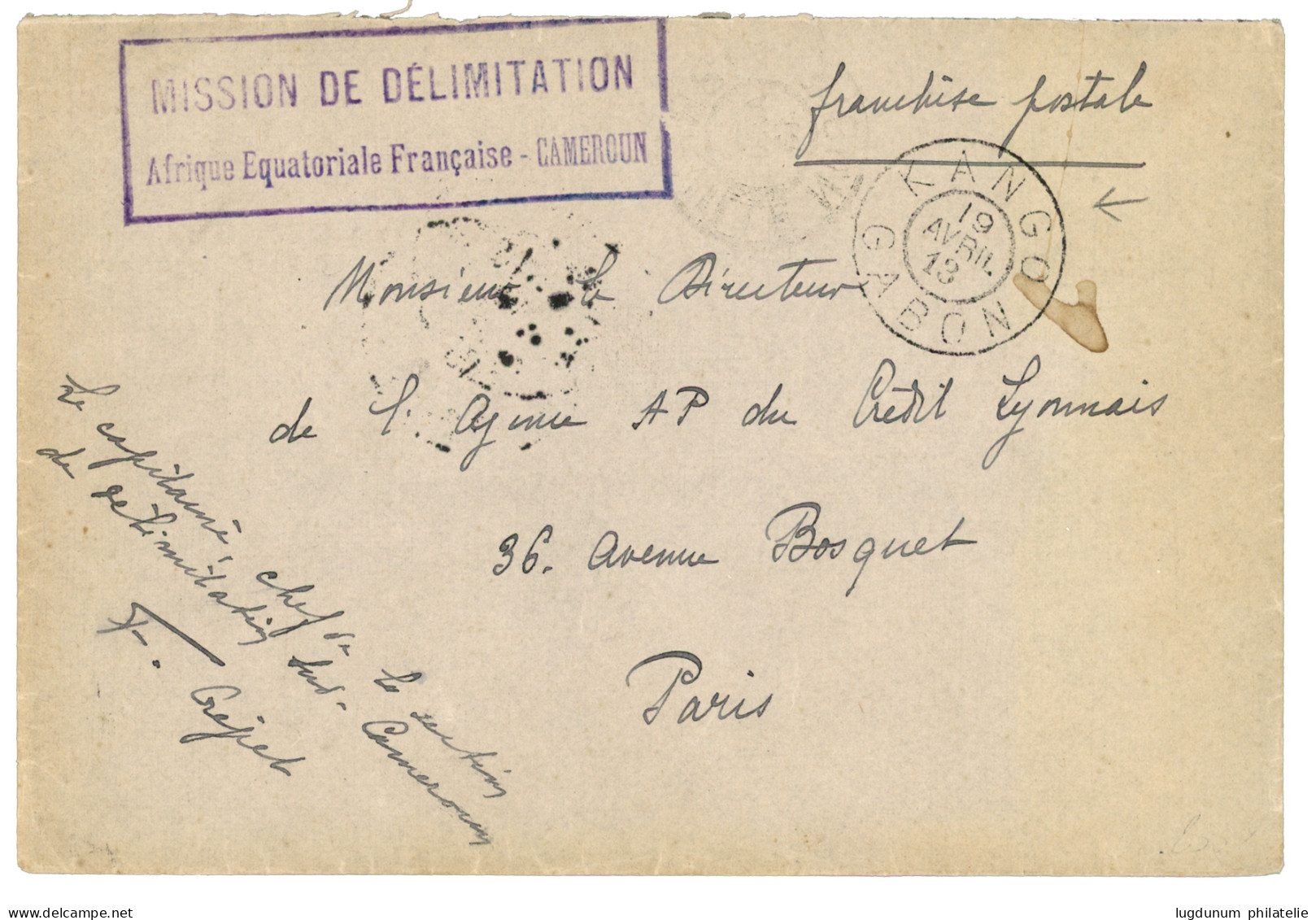 MISSION De DELIMITATION : 1913 Cachet MISSION DE DELIMITATION AFRIQUE EQUATORIALE FRANCAISE - CAMEROUN + KANGO GABON (ra - Autres & Non Classés