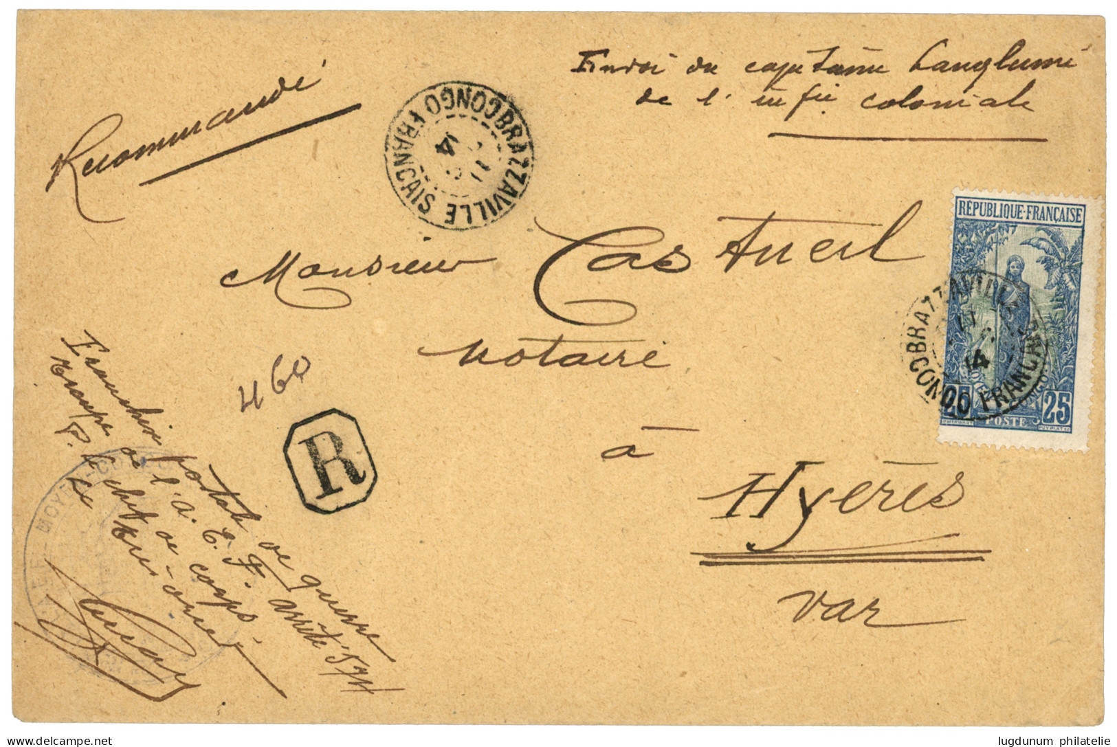 "FRANCHISE POSTALE DE GUERRE En RECOMMANDE" : 1914 25c Obl. BRAZZAVILLE Sur Lettre En FRANCHISE MILITAIRE (seul La Recom - Sonstige & Ohne Zuordnung