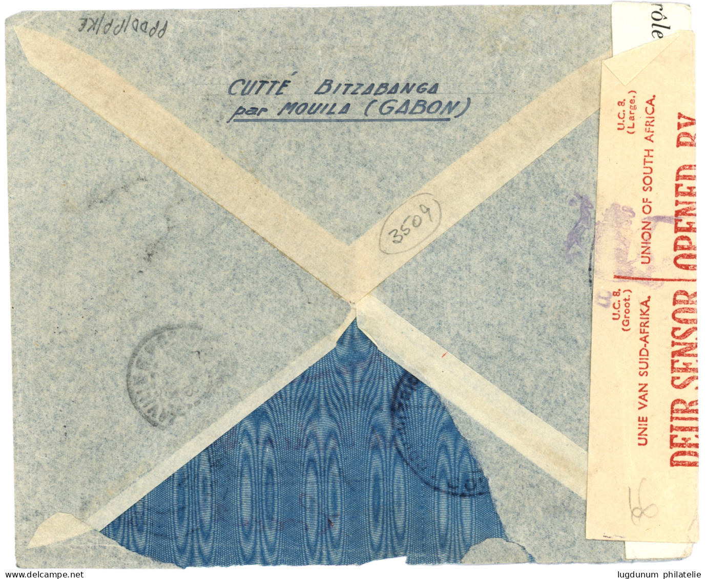 "MOUILA" : 1943 FRANCE LIBRE 1F (x2) + 1F S/ 65c (x3) Obl. Cachet Sud Africain JOHANESBURG + CENSURES Sur Lettre PAR AVI - Autres & Non Classés