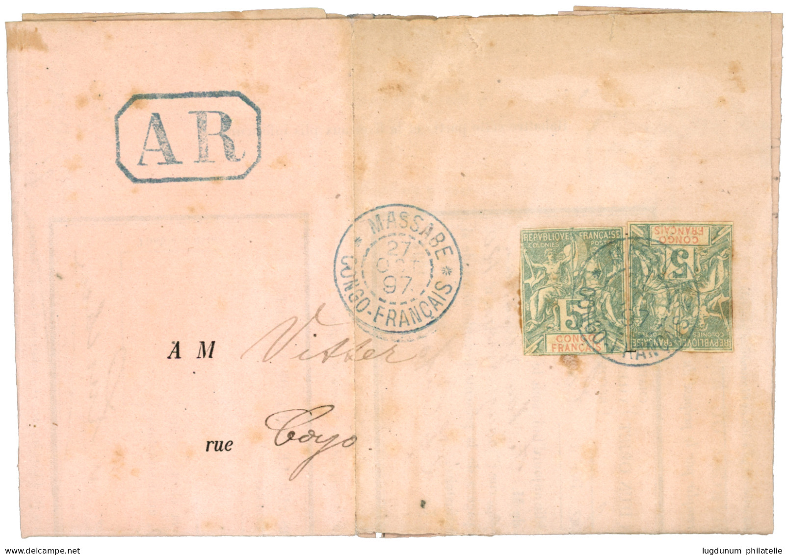 "MASSABE - Fraude Postale" : 1897 5c Groupe (entier Découpé)x2 Obl. MASSABE CONGO FRANCAIS + A.R Sur AVIS DE RECEPTION P - Otros & Sin Clasificación