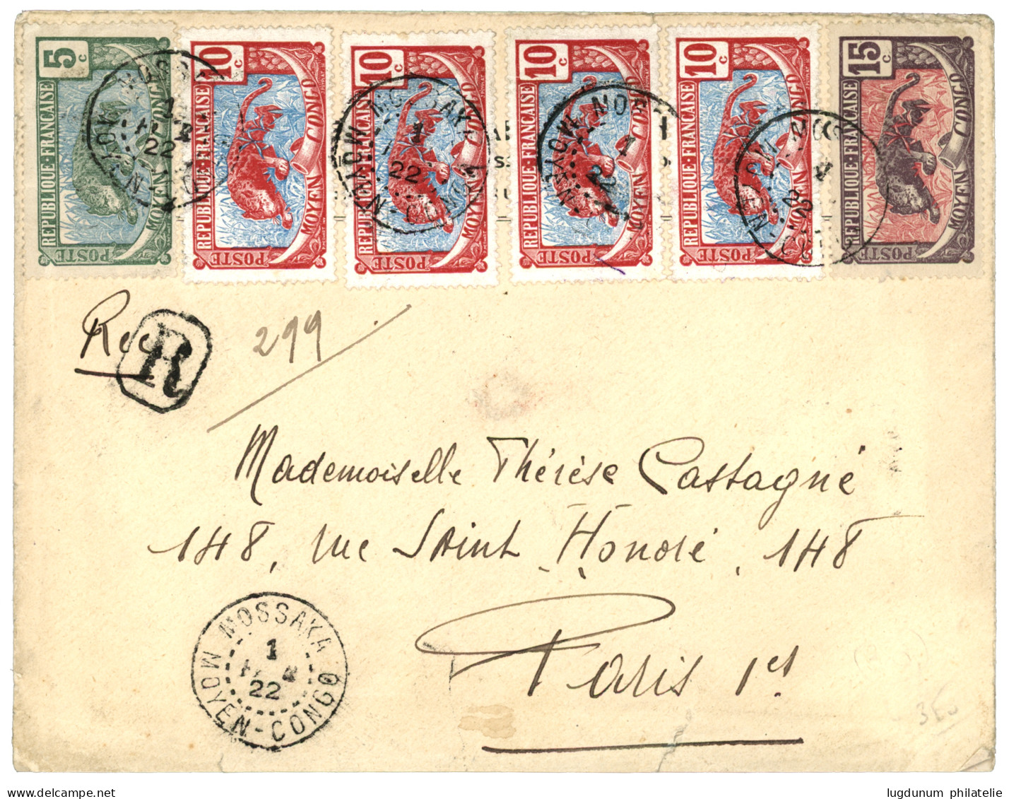 "MOSSAKA" : 1922 5c + 10c (x4)+ 15c Obl. MOSSAKA MOYEN-CONGO Sur Lettre RECOMANDEE. Bureau Rare. TTB. - Andere & Zonder Classificatie
