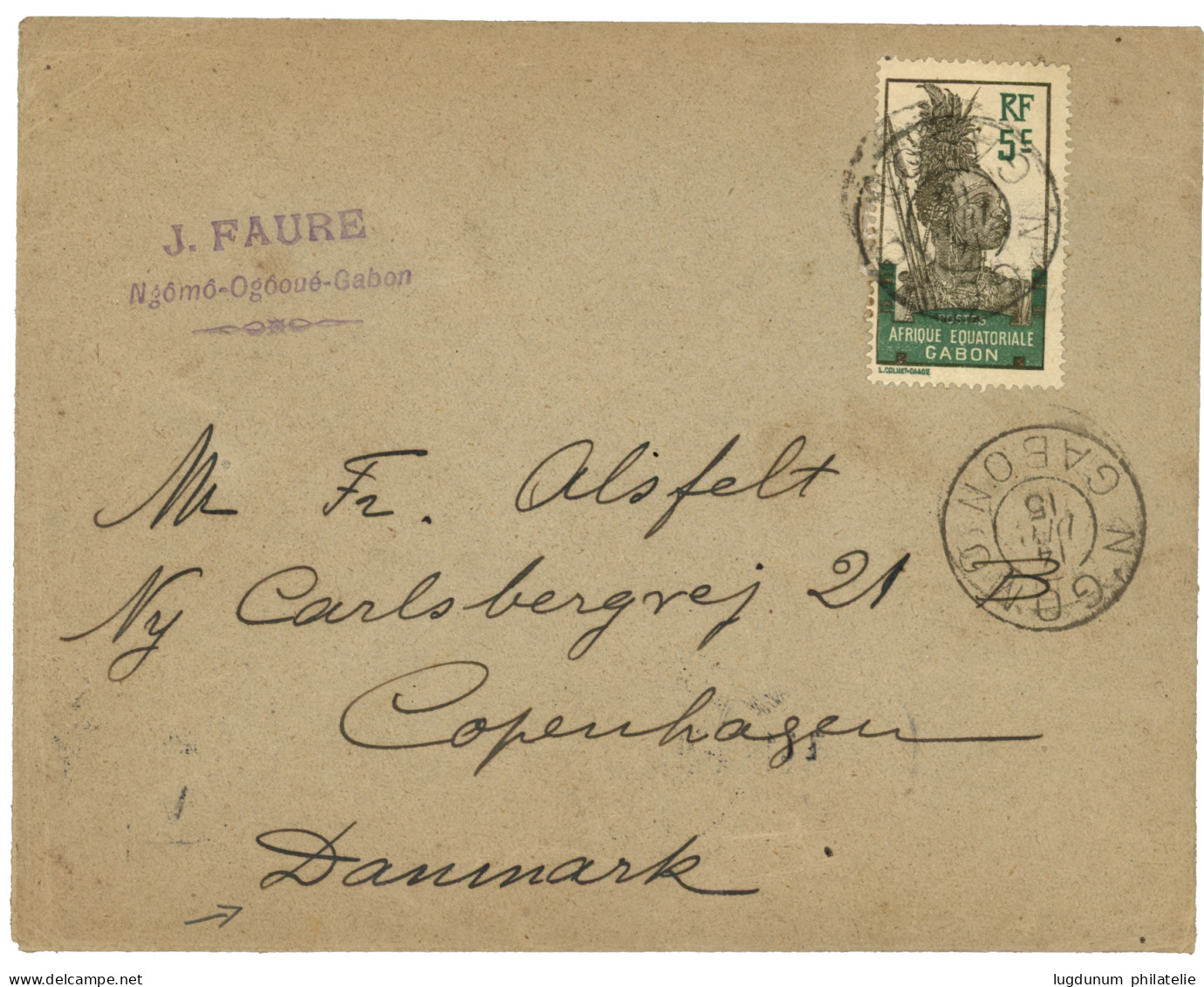 "N'GOMO Pour Le DANEMARK" : 1915 5c Obl. N'GOMO GABON Sur Envelope (Tarif IMPRIME) Pour LE DANEMARK. TTB. - Andere & Zonder Classificatie
