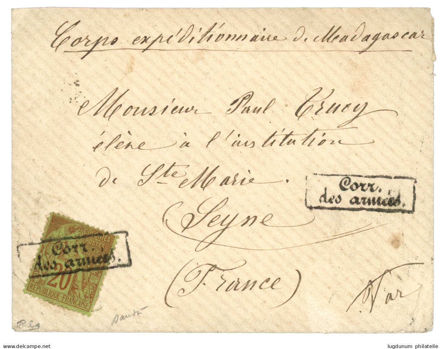 MADAGASCAR - 1ére EXPEDITION MILITAIRE (1883-85) : 1885 COLONIES GENERALES 20c Obl. Cachet Encadré CORR. DES ARMEES (rar - Otros & Sin Clasificación