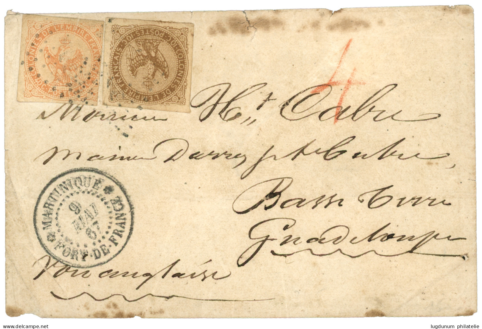 MARTINIQUE - British PACKET AGENT  : 1867 AIGLE 10c + 40c Pd + MARTINIQUE FORT DE FRANCE + Taxe Anglaise 4 Sur Enveloppe - Sonstige & Ohne Zuordnung