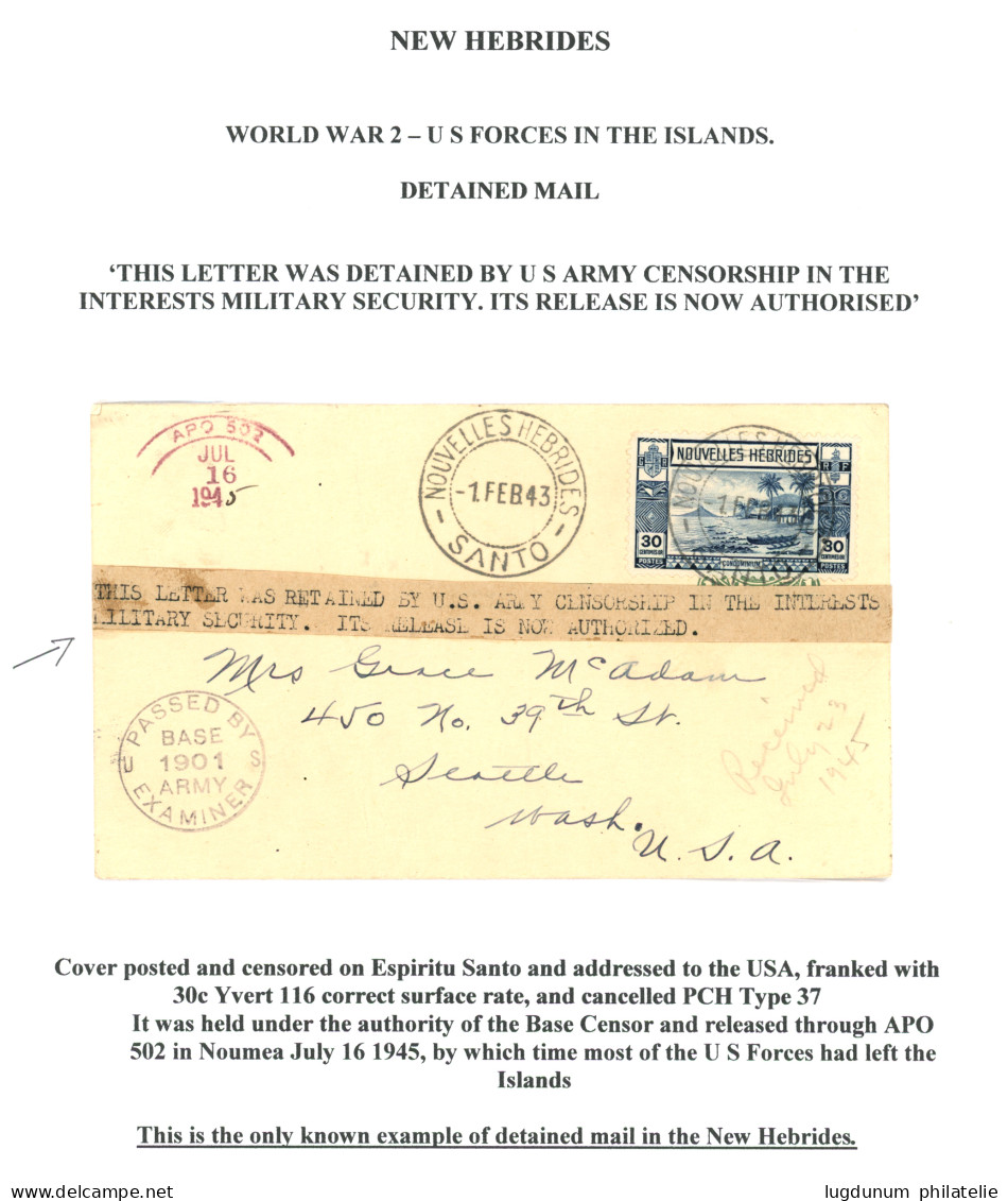 NLLES HEBRIDES - WORLD WAR 2 - DETAINED Mail : 1943 30c Obl. NOUVELLE HEBRIDES SANTO + PASSED BY EXAMINER/BASE 1901 ARMY - Other & Unclassified