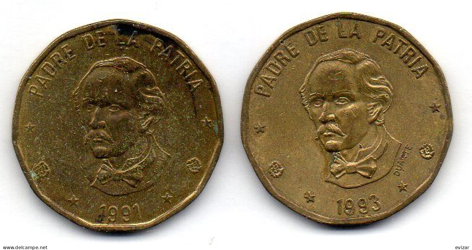 DOMINICANA, Set Of Two Coins 1 Peso, Copper-Zinc, Year 1991, 1993, KM # 80.1, 80.2 - Dominicana