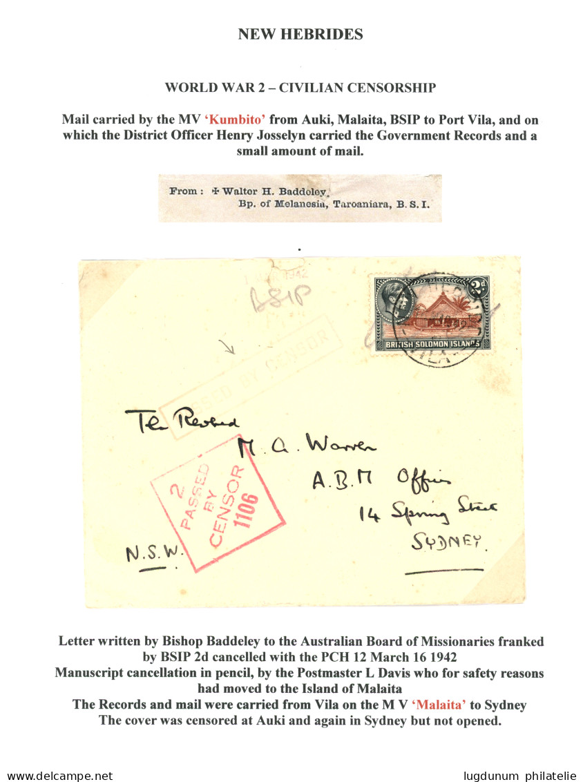 SALOMON ISLANDS Via NLLES HEBRIDES : 1942/44 2 Lettres Avec Timbres SALOMON ISLANDS Obl. à VILA Ou PORT-VILA. RARE. TTB. - Autres & Non Classés