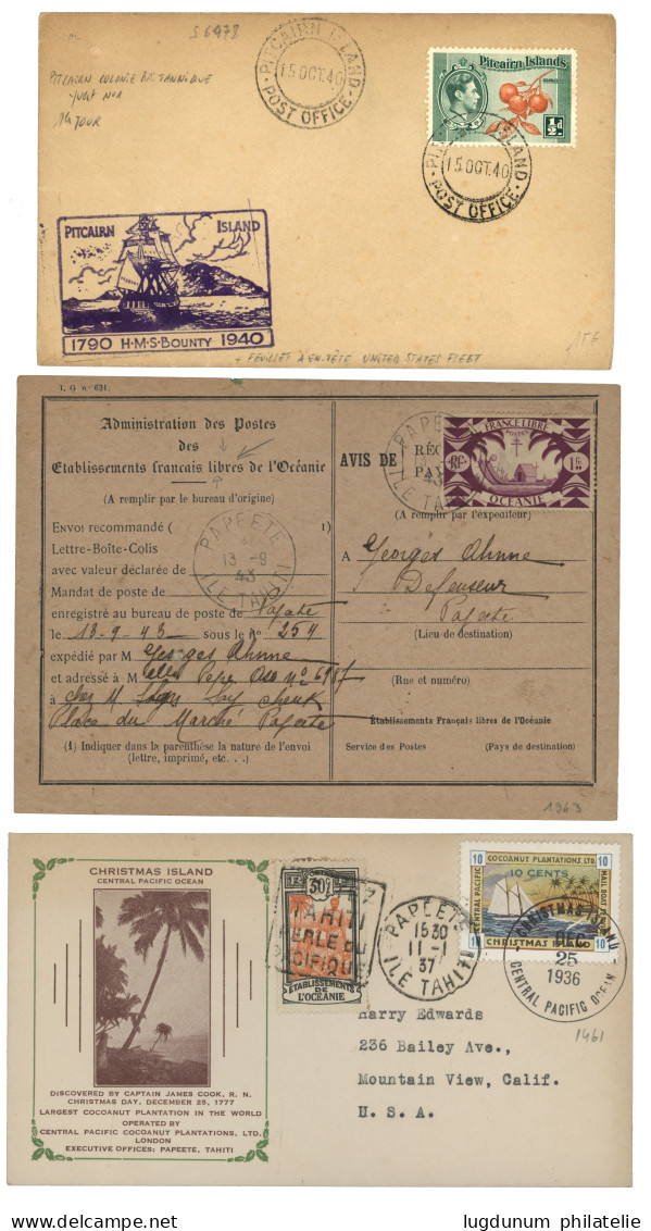 TAHITI : 1937/43 Lot 3 Lettres (COCOANUT PLANTATION, 1943 AVIS RECEPTION, PICTCAIRN ISLAND). TB. - Otros & Sin Clasificación