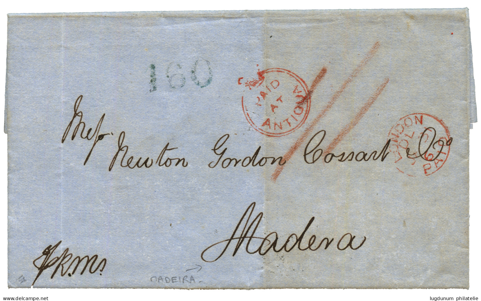 "PAID At ANTIGUA To MADEIRA" : 1861 Crown Circle PAID AT ANTIGUA + "160" Portuguese Tax Marking On Entire Letter To MADE - Autres & Non Classés