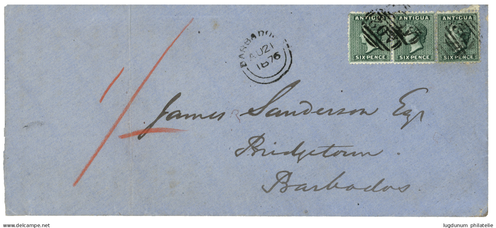 ANTIGUA :1876 6d (x3) Canc. A02 + ANTIGUA (verso) + Large Cds BARBADOES  On Envelope To BARBADOS. Vvf. - Otros & Sin Clasificación