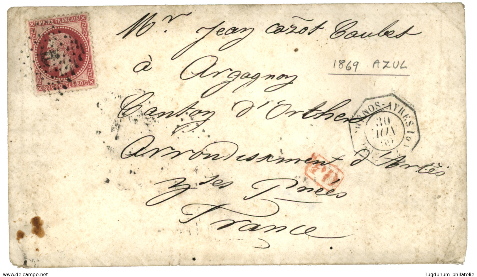 ARGENTINA - AZUL Via French Mail : 1869 FRANCE 80c Canc. ANCHOR + BUENOS AYRES PAQ FR J N°1 On Envelope With Full Text D - Sonstige & Ohne Zuordnung