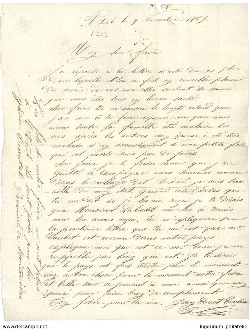 ARGENTINA - AZUL Via French Mail : 1869 FRANCE 80c Canc. ANCHOR + BUENOS AYRES PAQ FR J N°1 On Envelope With Full Text D - Other & Unclassified