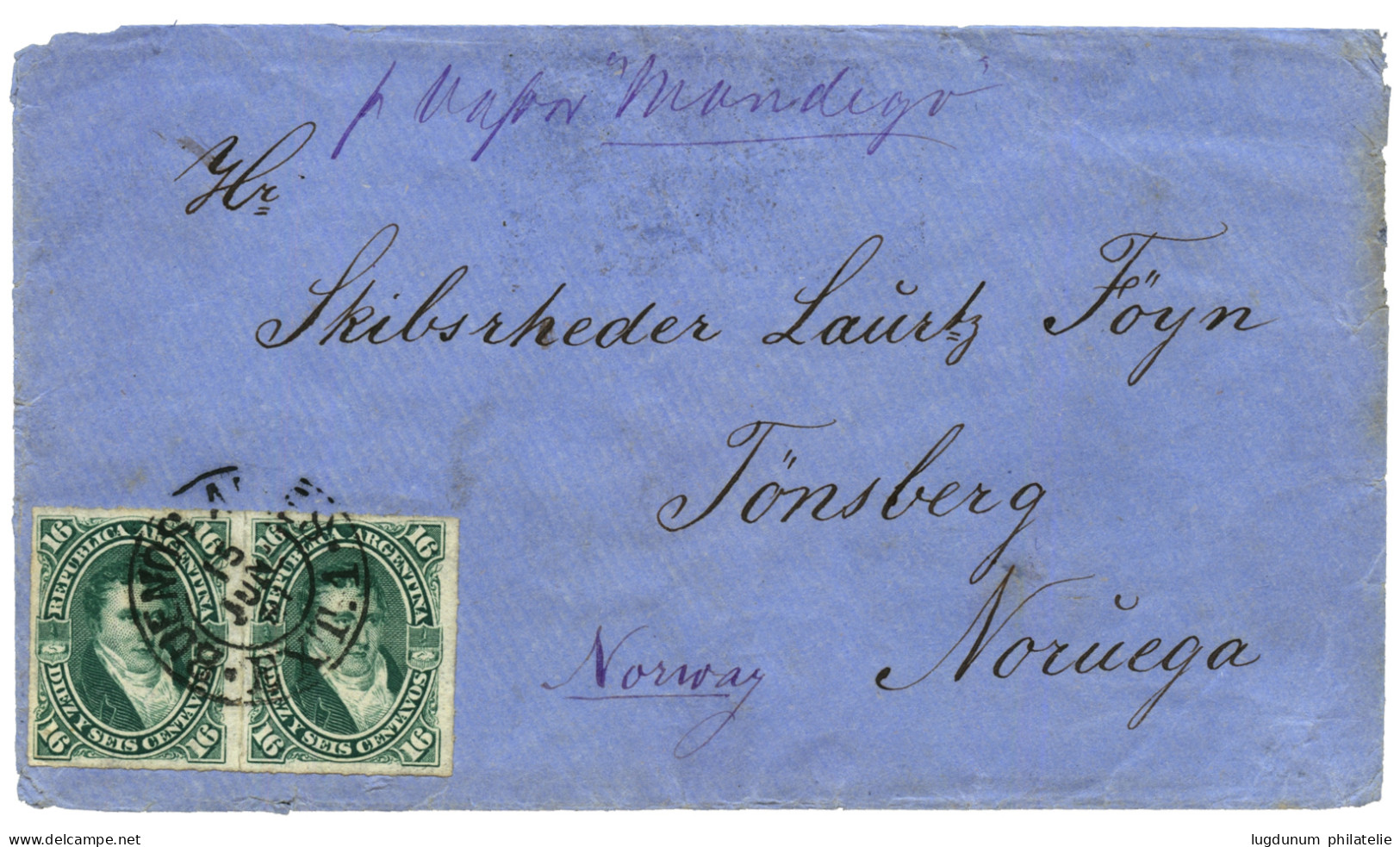 "ARGENTINA To NORWAY" : ARGENTINA  16c Pair Canc. BUENOS AIRES On Envelope To TÖNSBERG (NORWAY). Very Rare Destination.  - Andere & Zonder Classificatie