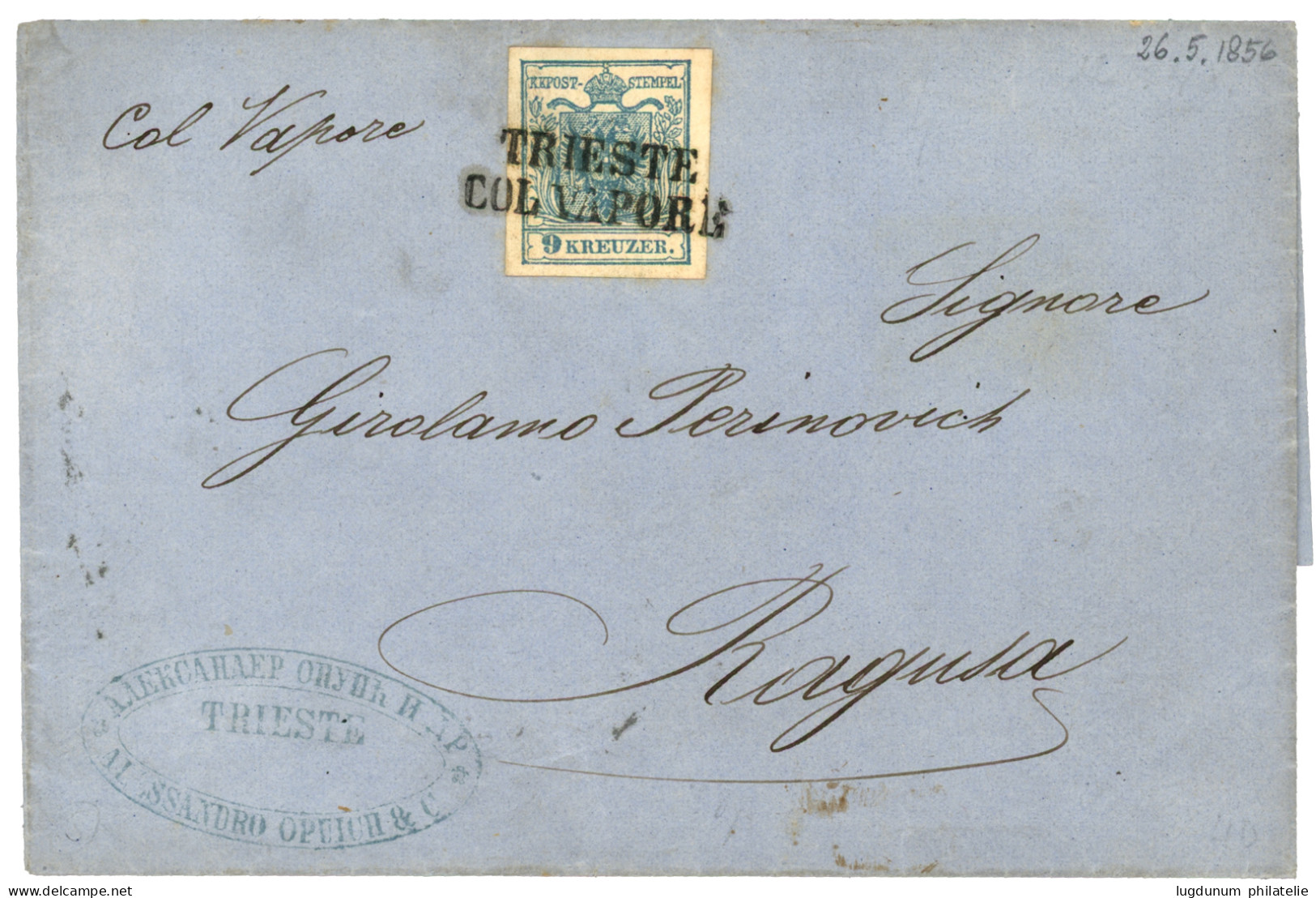 AUSTRIA : 1856 9k Canc. TRIESTE COL VAPORE On Entire Letter To RAGUSA. Superb Quality. - Other & Unclassified