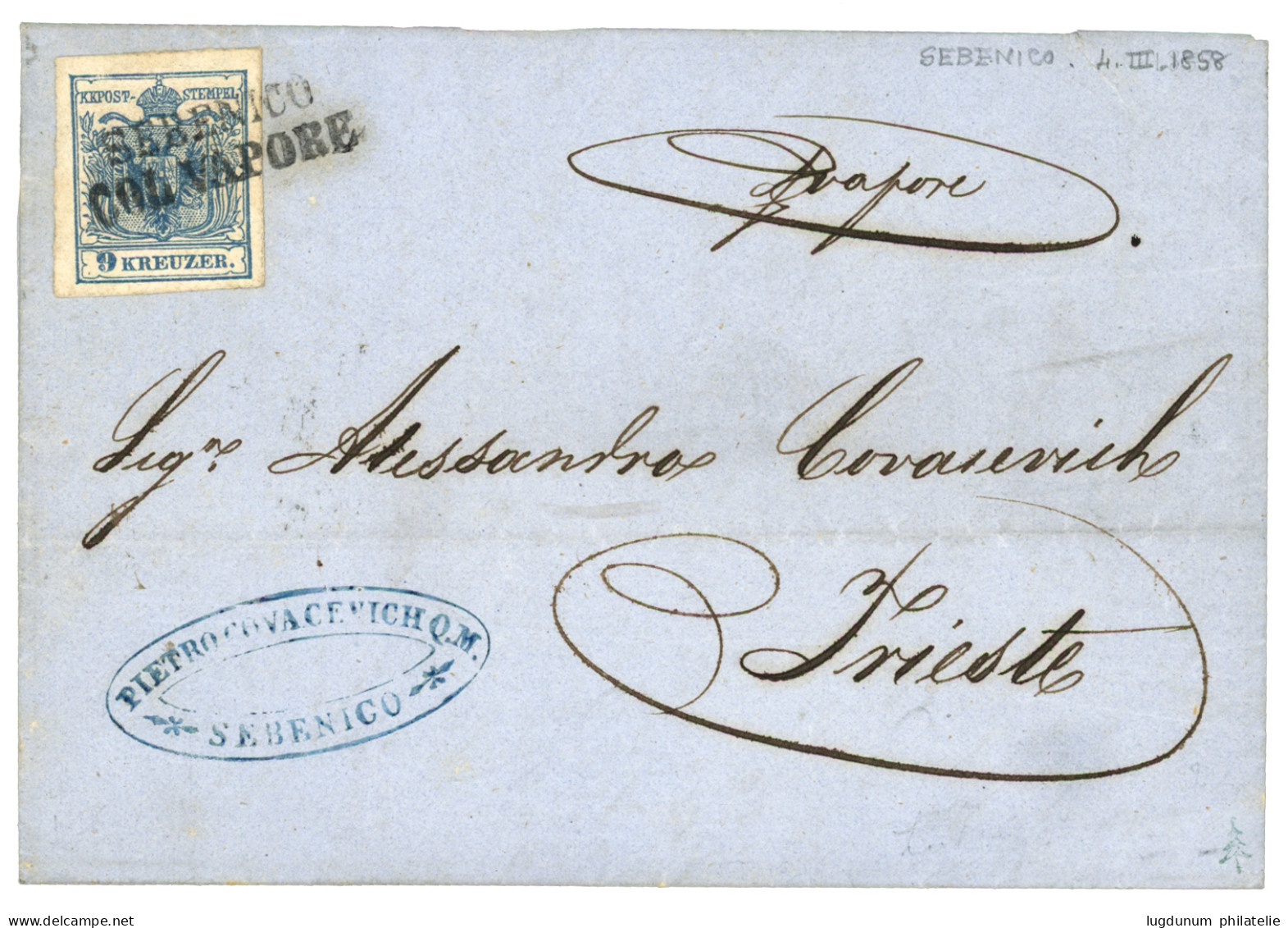 AUSTRIA : 1858 9k Canc. SEBENICO COL VAPORE On Entire Letter To TRIESTE. RARE. Superb. - Andere & Zonder Classificatie