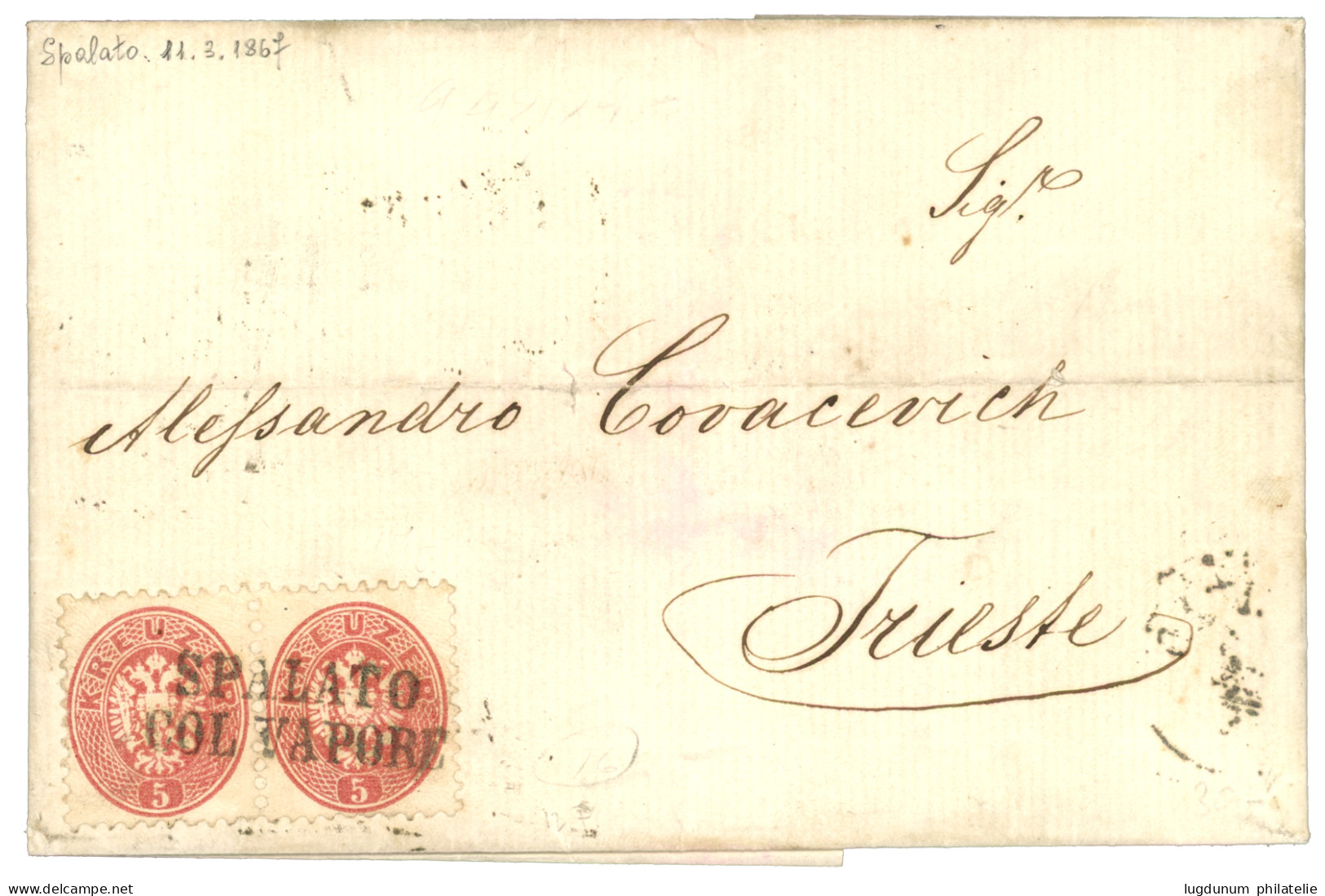 AUSTRIA : 1867 Pair 5k Canc. SPALATO COL VAPORE On Entire Letter To TRIESTE. Superb. - Sonstige & Ohne Zuordnung