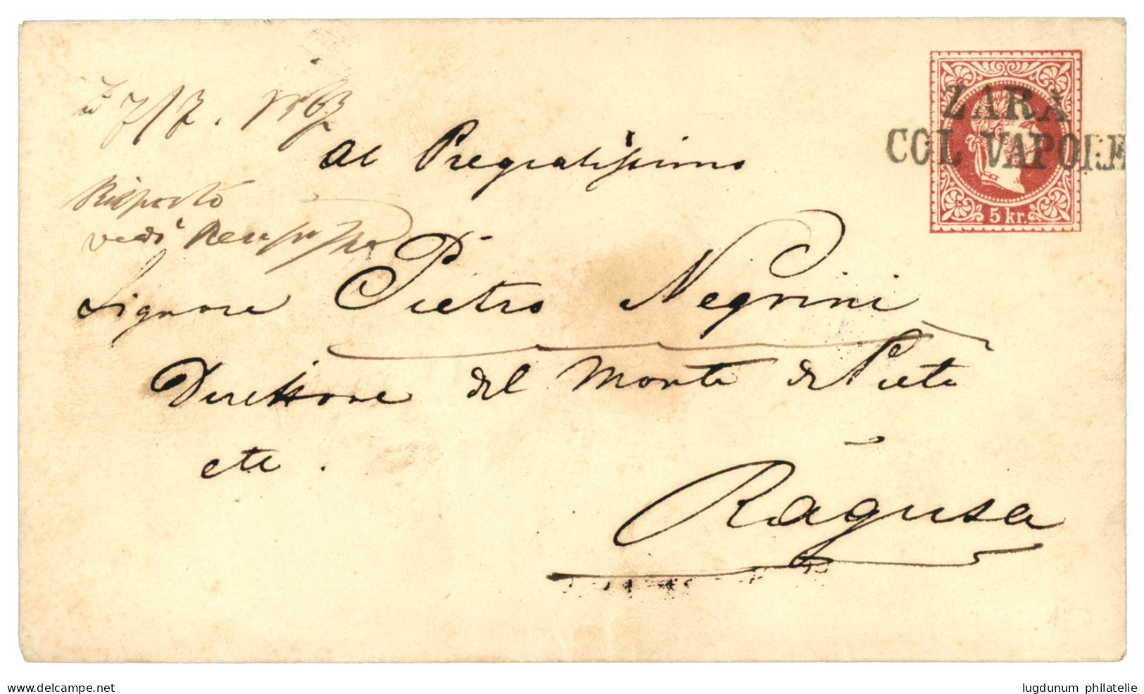 AUSTRIA : Postal Stationery 5k Canc. ZARA COL VAPORE To RAGUSA. Superb. - Other & Unclassified