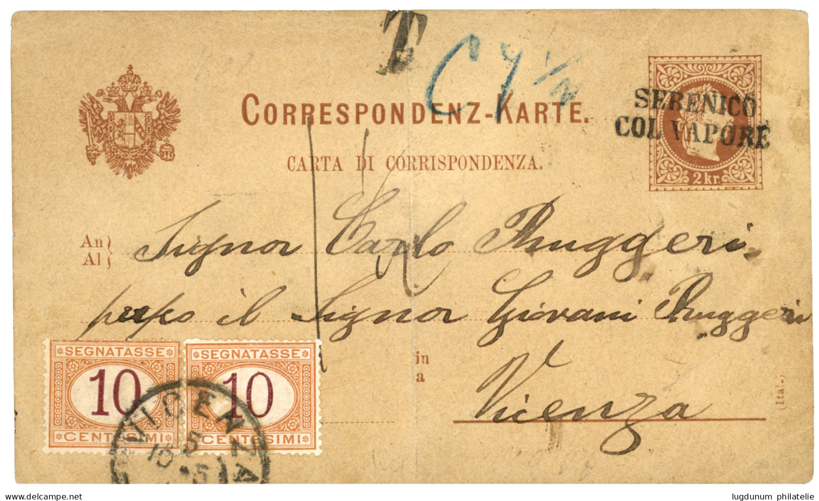 AUSTRIA : 1880 P./Stat 2k Canc. SEBENICO COL VAPORE To VICENZA (ITALY) Taxed On Arrival With ITALIAN POSTAGE DUES 10c (x - Other & Unclassified