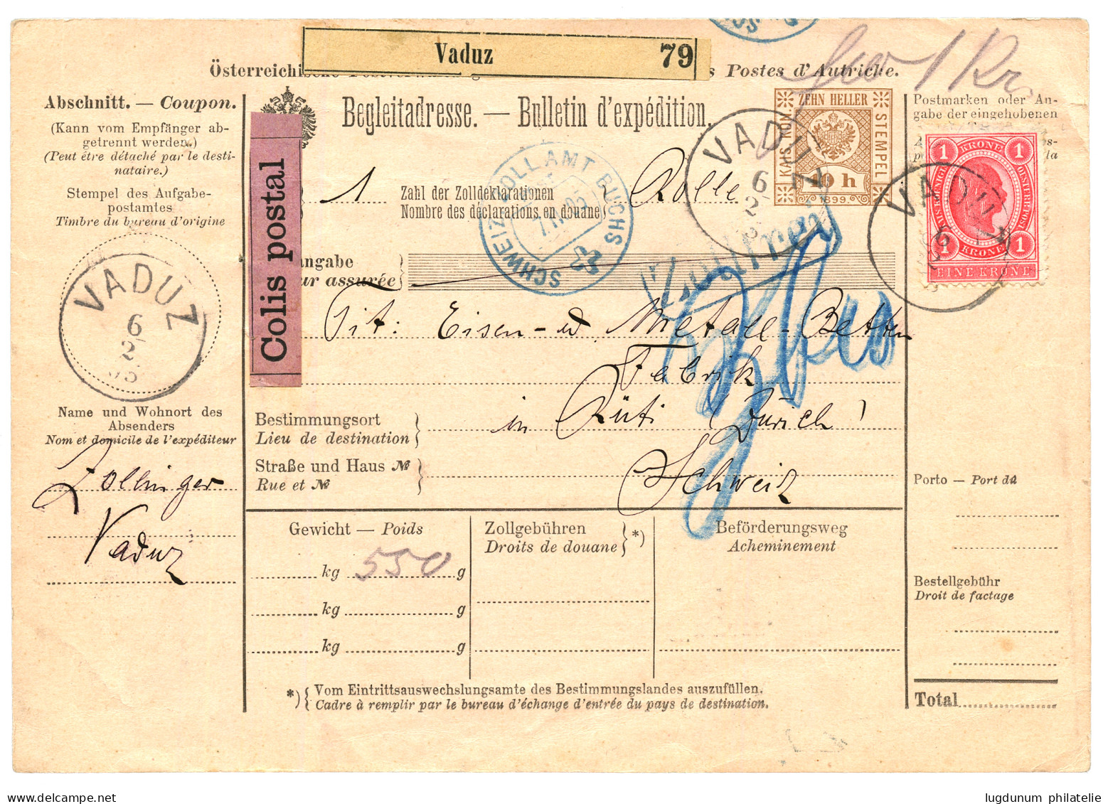 LIECHTENSTEIN : 1905 AUSTRIA 1 Kr. Canc. VADUZ On "BULLETIN D' EXPEDITION" To SWITZERLAND. Scarce. Vvf. - Other & Unclassified