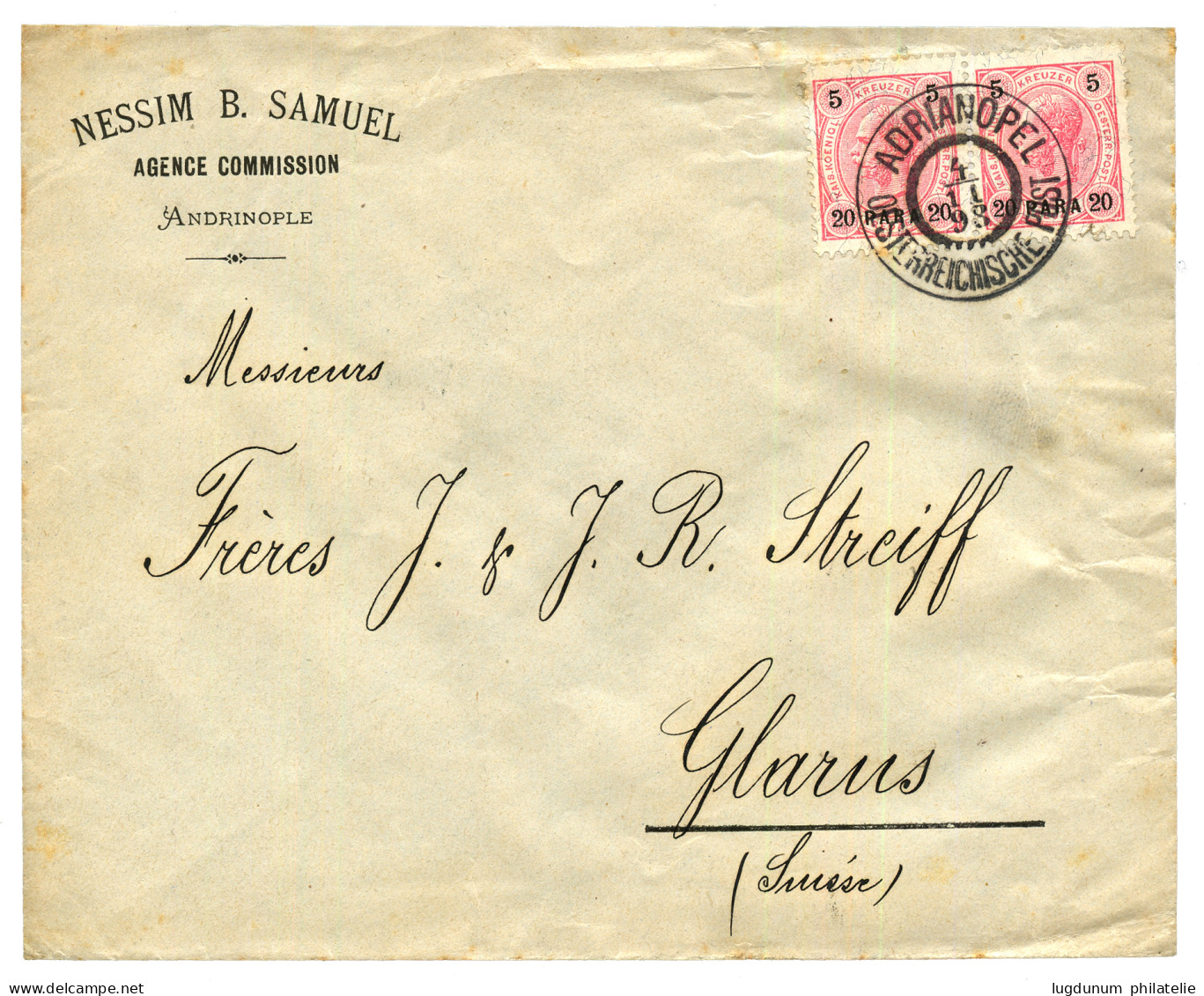 ADRIANOPEL : 1893 20p On 5K (x2) Canc. ADRIANOPEL On Commercial Envelope To SWITZERLAND. Vvf. - Levante-Marken