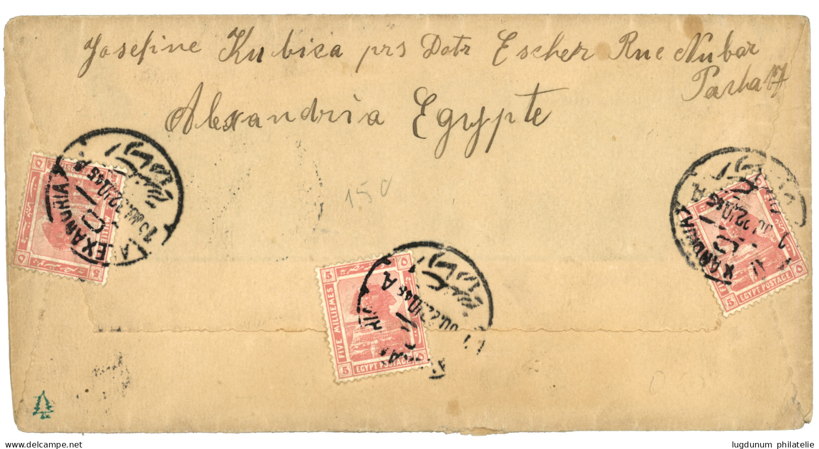 ALEXANDRIA : 1922 5m (x3) Canc. VAPORE D' ALESSANDRIA On Envelope To MORAVIA. Vvf. - Levant Autrichien