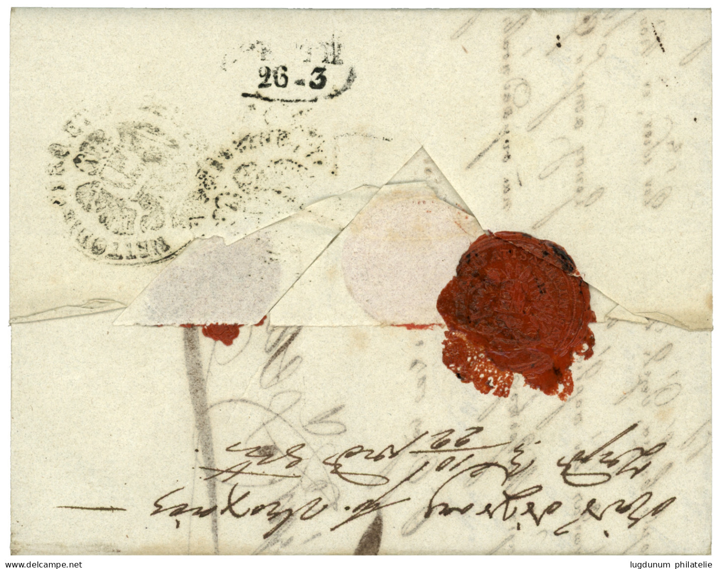 BELGRAD Via SEMLIN : 1841 SEMLIN + Tax Marking On Entire Letter From BELGRAD (SERBIA) To PEST. Verso, Disinfected Wax Se - Levant Autrichien
