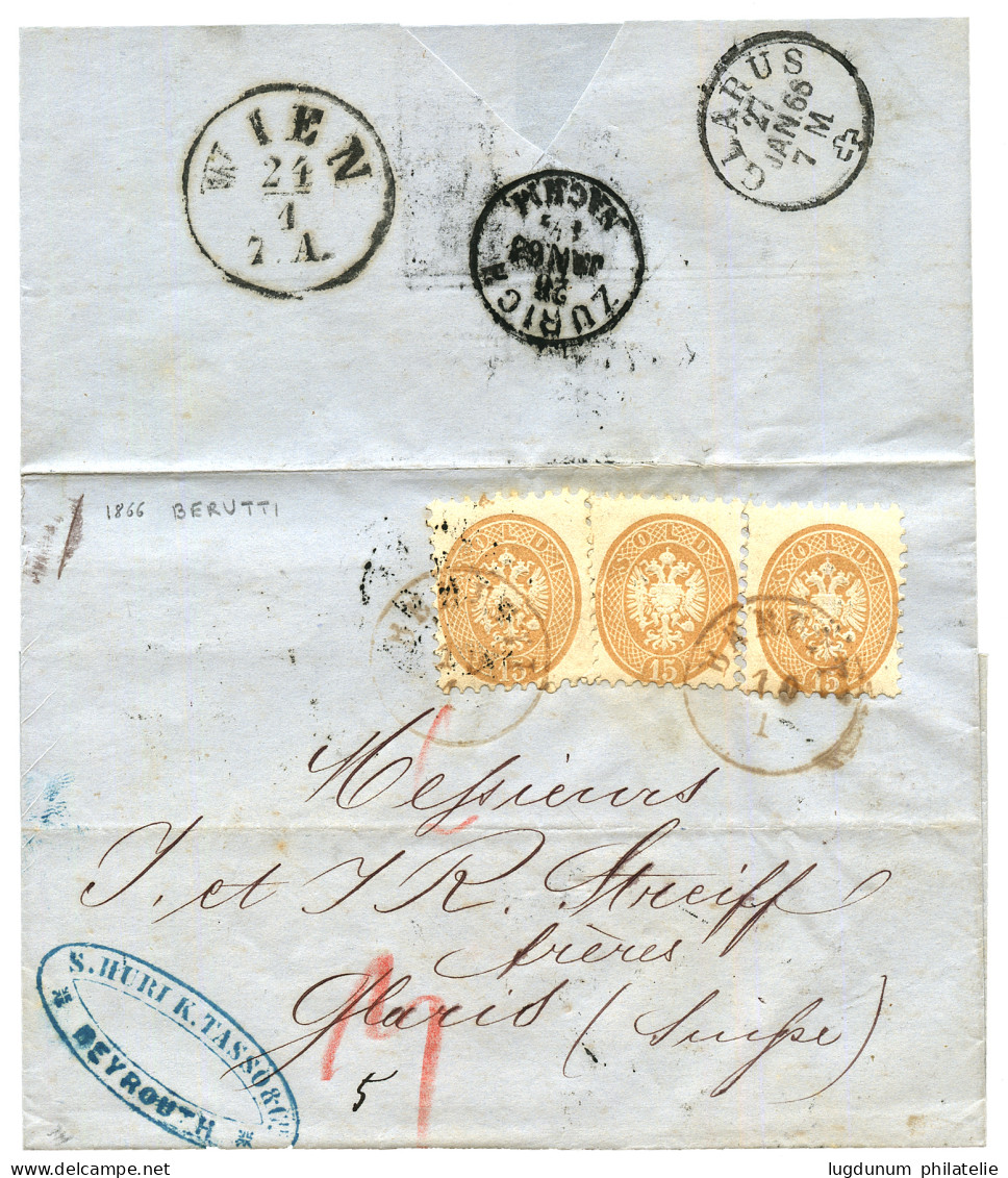 BEYROUTH : 1866 15 SOLDI (x3) Canc. BERUTTI On Entire Via WIEN To SWITZERLAND. Vf. - Levant Autrichien