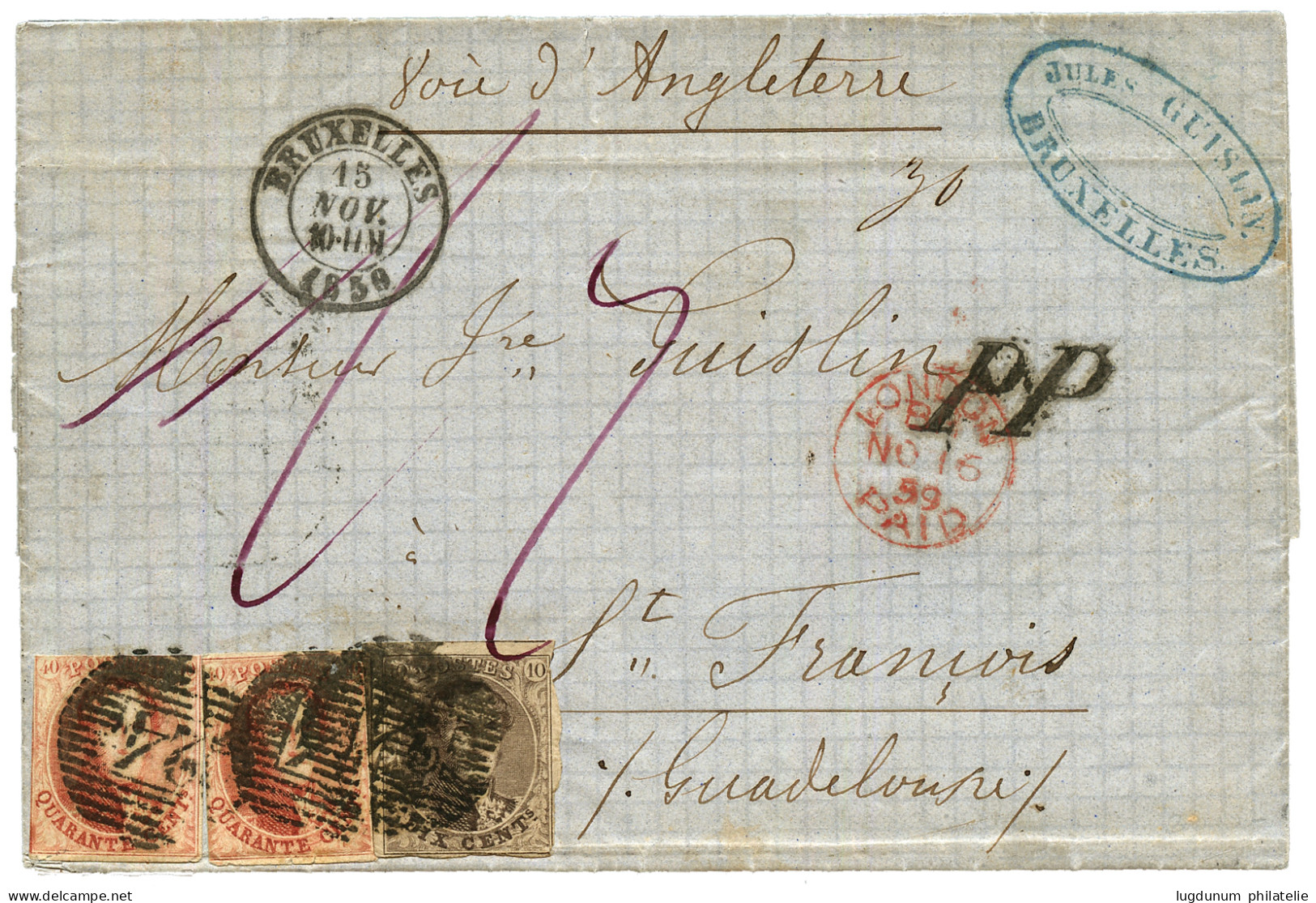 BELGIUM To GUADELOUPE : 1859 10c + 40c(x2) Small Faults On Entire Letter With Full Text Datelined From BRUXELLES To ST F - Other & Unclassified