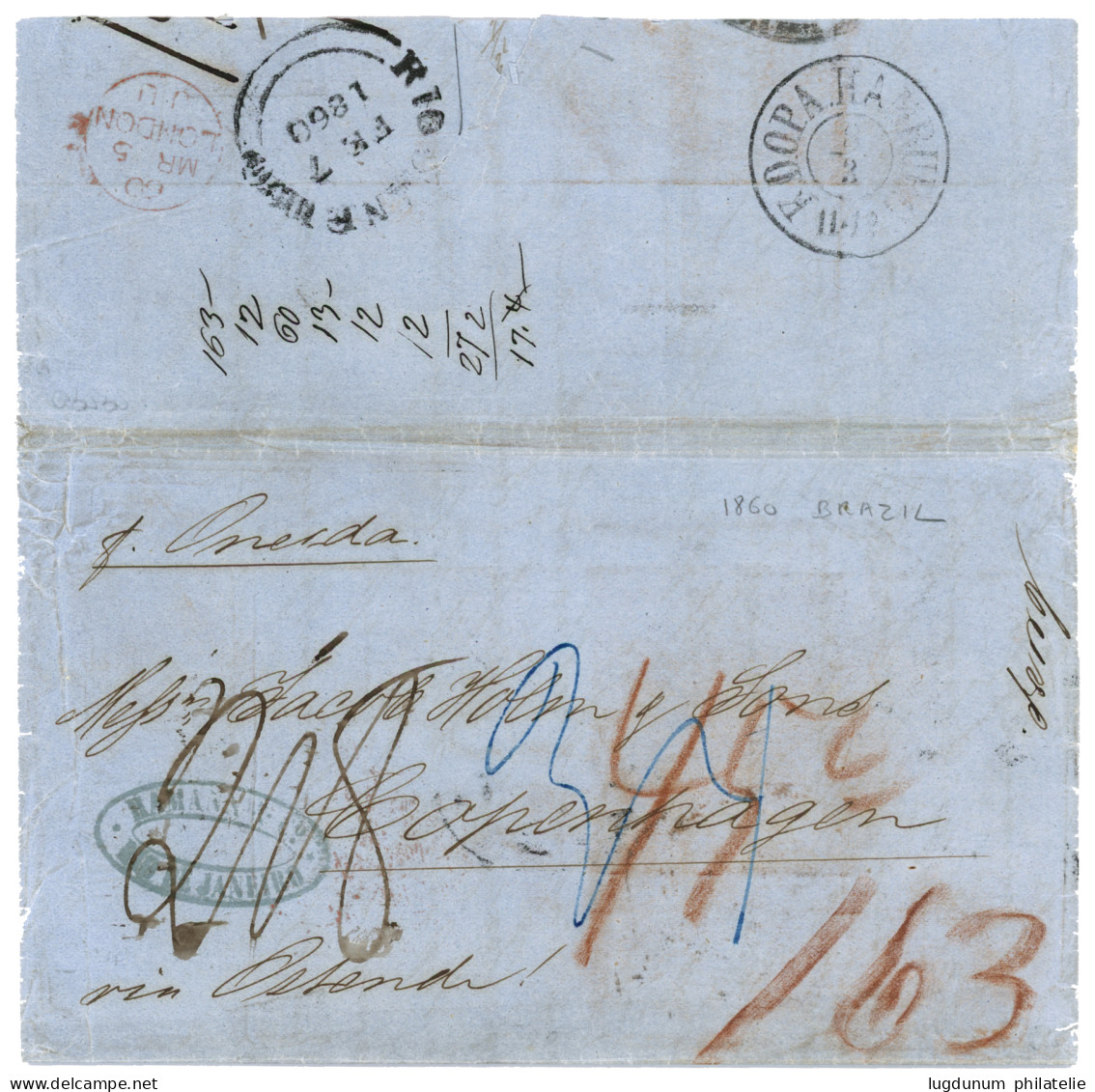 BRAZIL : 1860 Entire Letter From RIO DE JANEIRO Via OSTENDE & HAMBURG To COPENHAGEN (DENMARK). Vf. - Altri & Non Classificati
