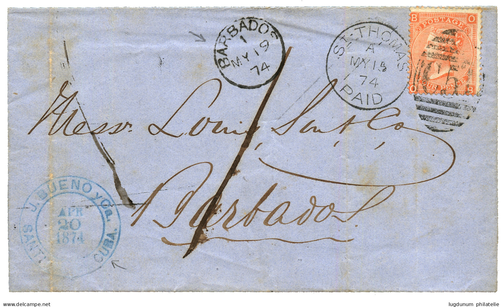 "CUBA Via DANISH WEST INDIES To BARBADOS" : 1874 4d Canc. C51 + ST THOMAS PAID + "1" Tax Marking + BARBADOS Cds On Cover - Dinamarca (Antillas)