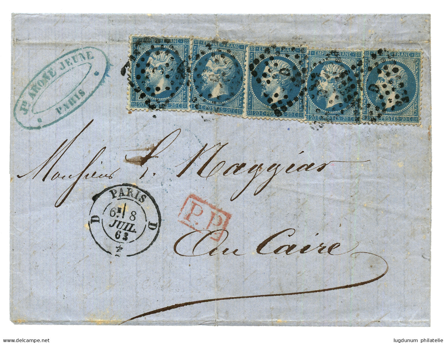 POSTA EUROPEA - CAIRO : 1863 FRANCE 20c (x5) On Cover From PARIS To CAIRO (EGYPT). Verso, POSTA EUROPEA CAIRO Black + PO - Sonstige & Ohne Zuordnung