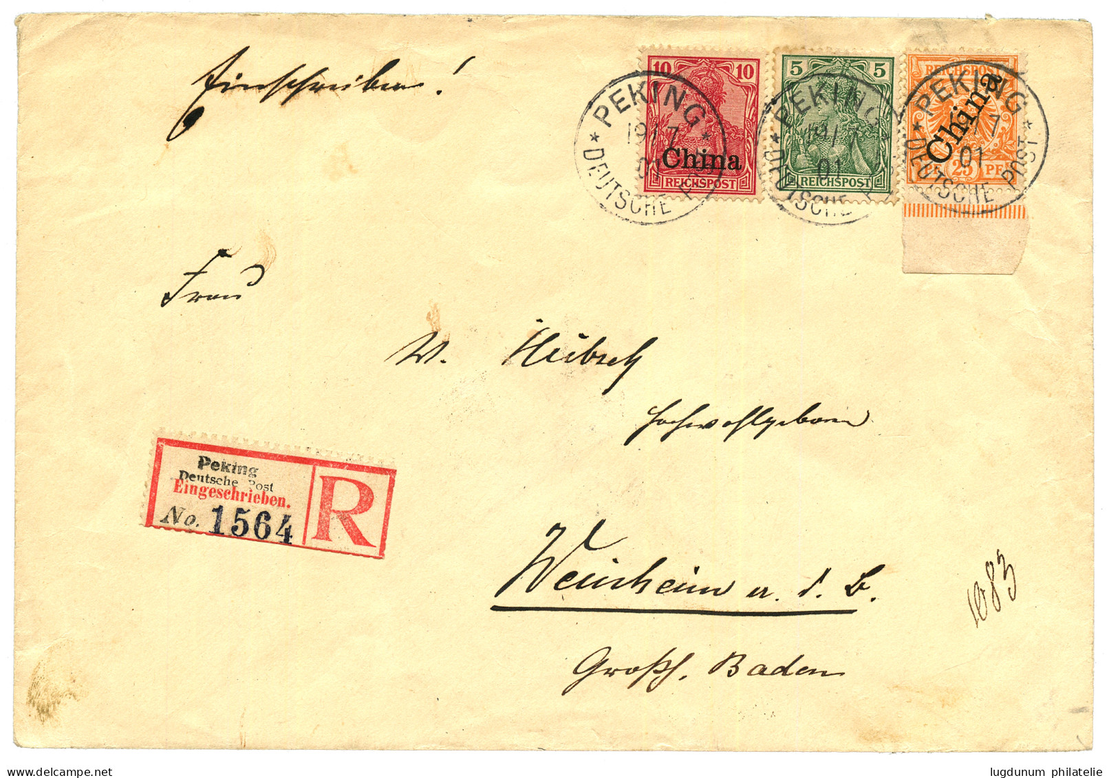 PETCHILI : 1901 GERMANY 5pf + GERMAN CHINA 10pf + 25pf Canc. PEKING On REGISTERED Envelope To BADEN. Superb. - China (offices)