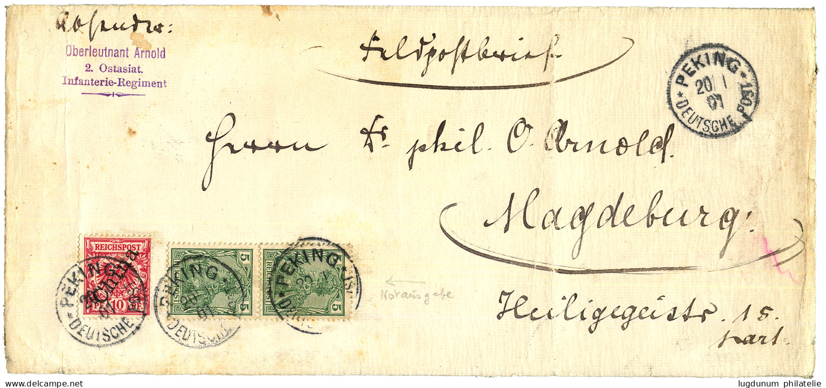 PETCHILI : 1901 Mixt GERMANIA Pair 5pf + GERMAN CHINA 10pf Canc. PEKING On "FELDPOSTBRIEF" To GERMANY. Scarce. Vvf. - Deutsche Post In China