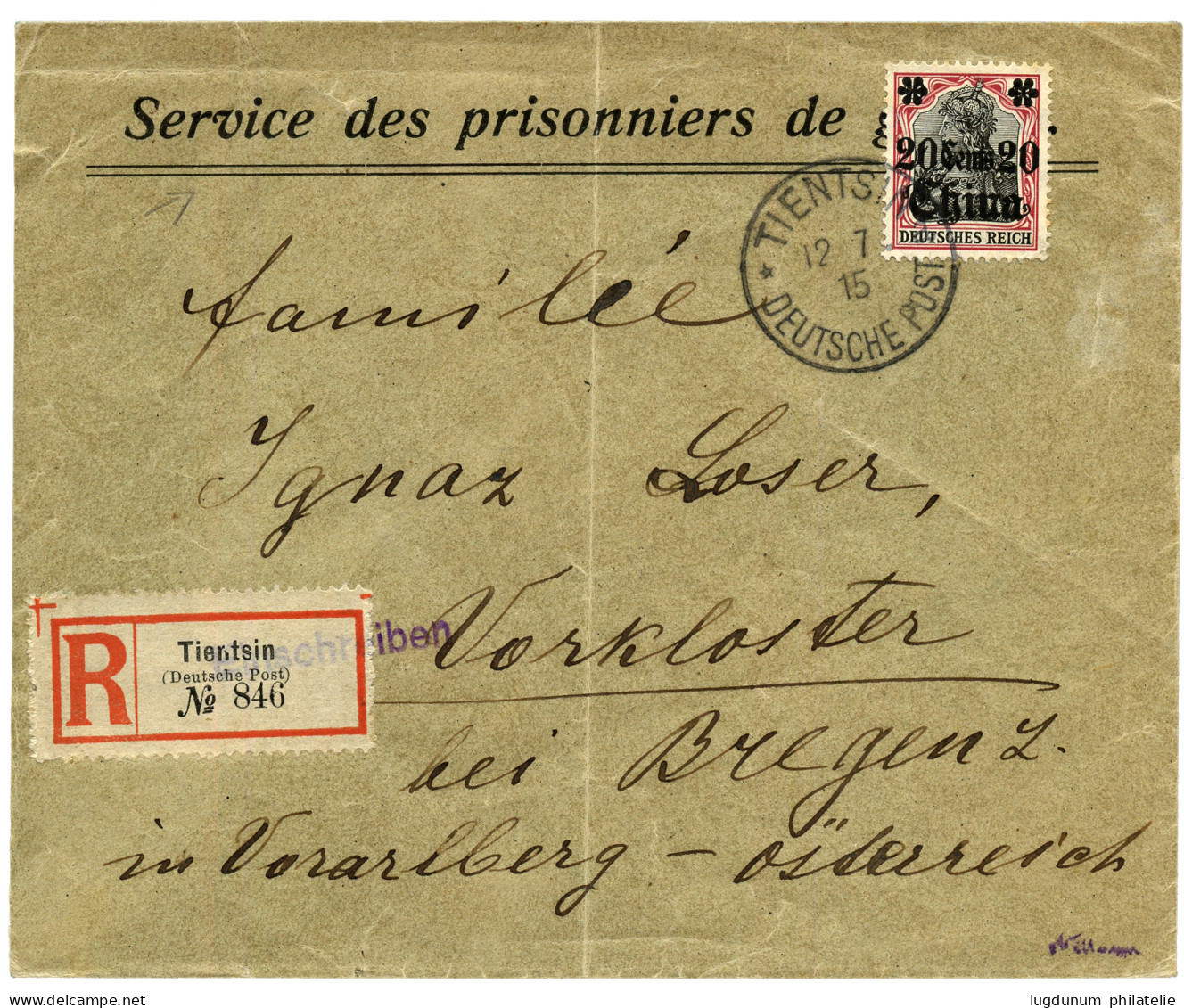 1915 20c On 40pf Canc. TIENTSIN On Printed Envelope SERVICE DES PRISONNIERS DE GUERRE Sent REGISTERED To AUSTRIA. Vf. - Deutsche Post In China