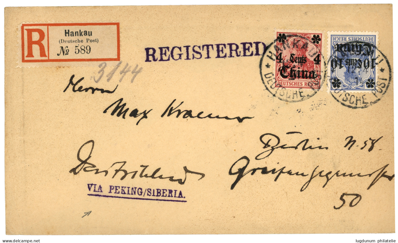 HANKAU : 1914 4c On 10pf + 10c On 20pf Canc. HANKAU + Cachet VIA PEKING / SIBERIA In Blue On REGISTERED Envelope To BERL - Chine (bureaux)