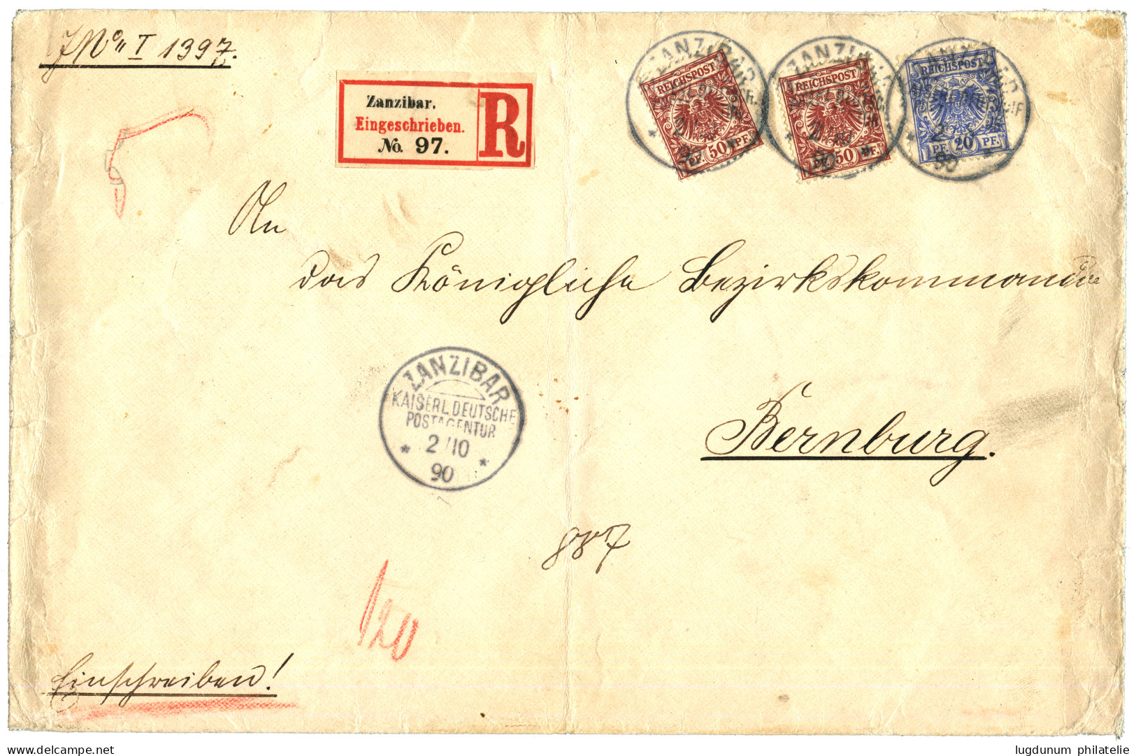 GERMAN EAST AFRICA - ZANZIBAR : 1890 20pf (V48a) + 50pf (V50b)x2 Canc. ZANZIBAR On REGISTERED Envelope To GERMANY. RARE. - German East Africa