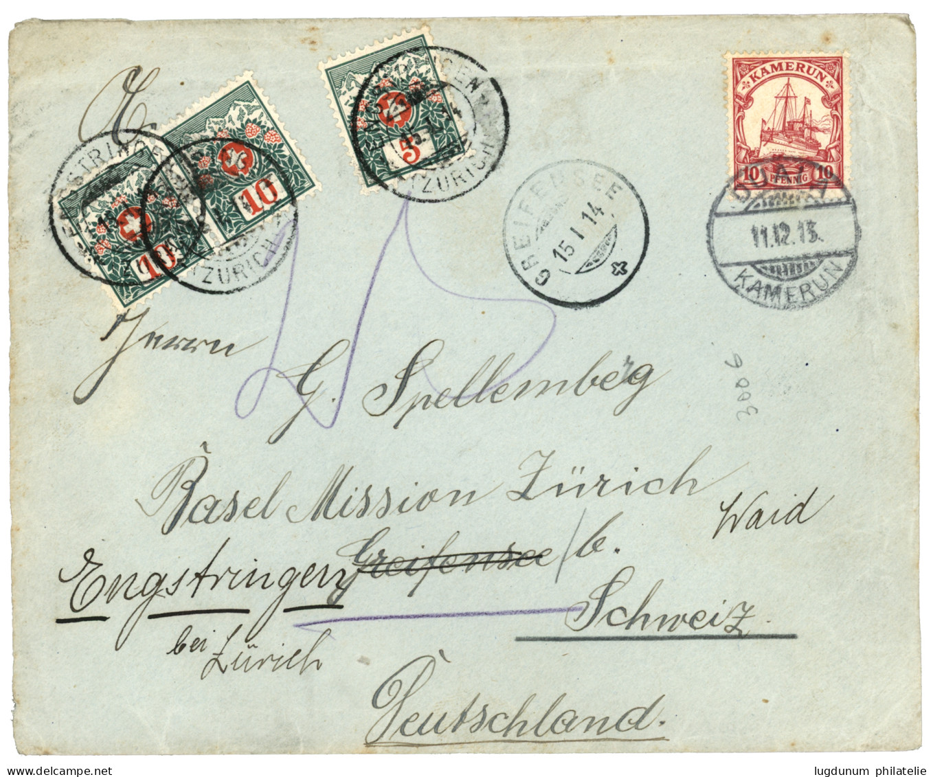 DUALA : 1913 KAMERUN 10pf Canc. DUALA + SWITZERLAND POSTAGE DUES 5c + 10c (x2) On Envelope To GERMANY Redirected To BASE - Cameroun