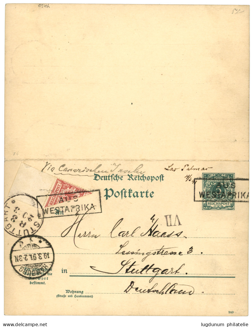 GERMAN MOROCCO - MOGADOR Via LAS PALMAS : 1891 GERMANY P./Stat 5pf (+ Reply Unused) Datelined "MOGADOR" + Bisect 10pg Ca - Deutsche Post In Marokko